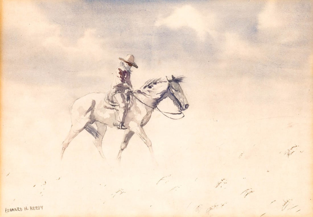 Leonard Howard Reedy (1899-1956, Illinois): Leonard Howard Reedy (1899-1956, Illinois) Original Watercolor on Paper [The Blizzard]. Measures 8.875 x 11.875 inches sheet size. Very Good condition, slight mat burn and toning over image area. Unfr