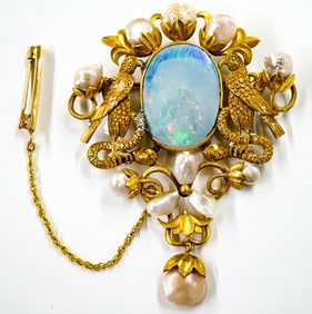 Antique Opal & 14K Gold Large Fancy Brooch
