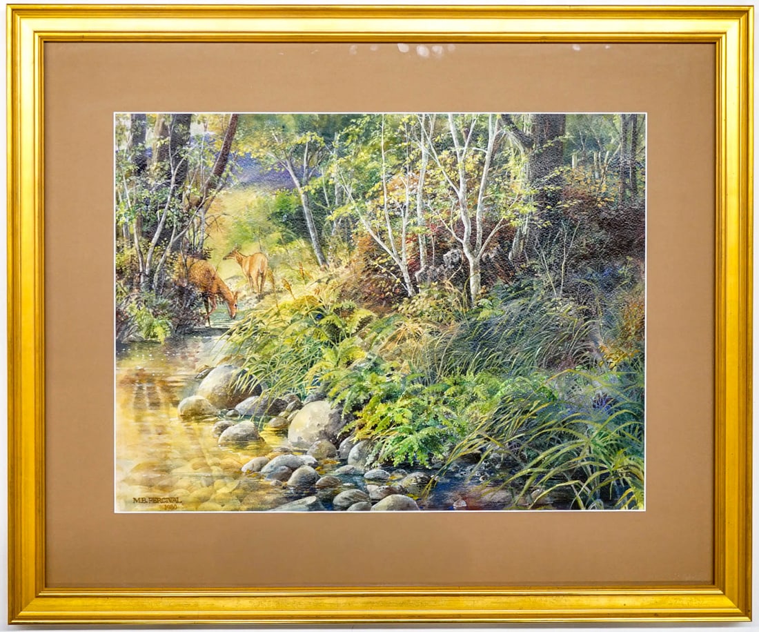 Mary Beth Percival (Missoula, Montana): Mary Beth Percival (Missoula, Montana) hand signed large acrylic on paper [Deer at Creek]. Measures 17.125 x 23 inches sight size. Professionally framed, measures 26.625 x 12.25 x 1 inches framed. App