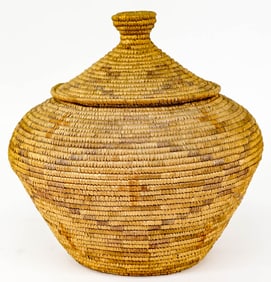 Native American Style Lidded Coiled Basket
