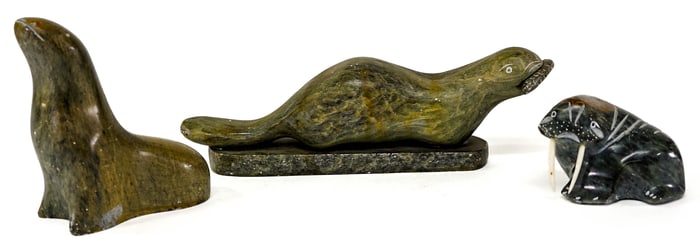 Inuit Soapstone (3) Carvings {DIMU, Bekoalook]