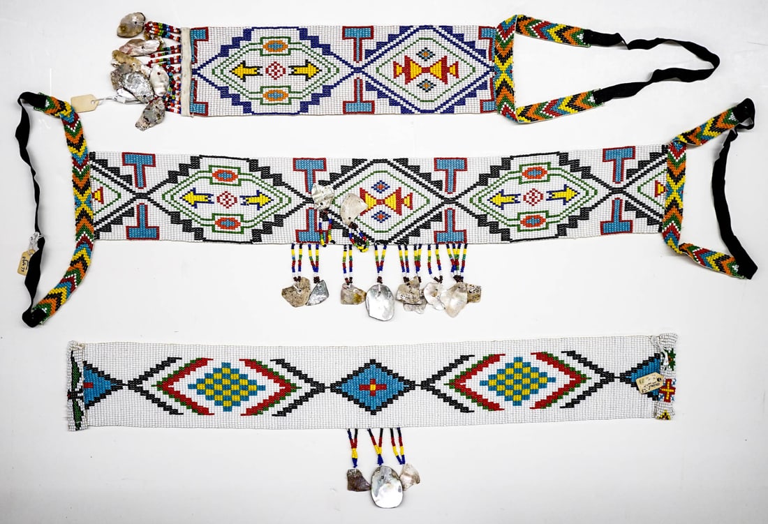 Native American Beaded (3) Accessories: Beaded area measures 13 to 20 long / wide x 3 in. wide. Item lot measures 4 x 11 x 1 in. for shipping purposes. The absence of a condition report does not imply that the lot is in perfect condition or