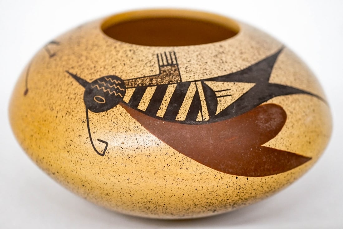 Garrett Maho Pottery [Hornet/Tobacco Flower]: Garrett Maho, Hopi Pueblo polychrome pottery signed underside. Measures 2.75 x 4.75 in. diameter. 15 in. circumference. Item measures 2.75 x 4.75 in. diameter for shipping purposes. The absence of a c