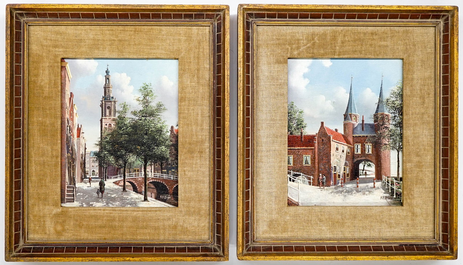 George Jan Dispo Pair of Original Oils: George Jan Dispo (1922 - 1973) was active/lived in Holland. George Dispo is known for Dutch city scenes with landmark buildings. They measure 8 x 10 inches image size. They measure 16.25 x 14 x 2.5 in