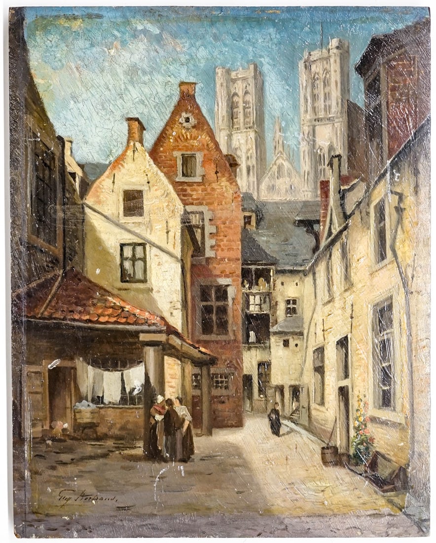 Illegibly Signed Original Oil Painting on Panel: Measures 10.625 x 8.375 inches (230 mm x 213 mm). A coat of varnish has yellowed over image area. Painted on beveled panel. No damage nor restoration. The absence of a condition report does not imply 