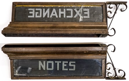 (2) Antique Bank Signed-Glass Etched Panels