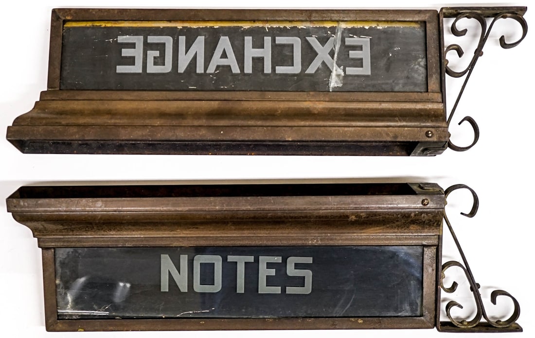 (2) Antique Bank Signed-Glass Etched Panels: (2) Antique Bank Signed-Glass Etched Panels. They measure 21.5 x 6 x 3 inches. As-is condition. The absence of a condition report does not imply that the lot is in perfect condition or completely free