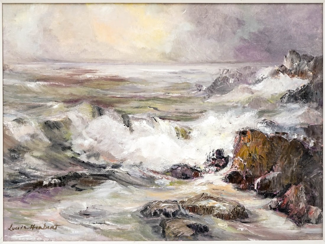 Lucile Herbert Original Oil on Board: Measures 18 x 24 inches image size and 25 x 31 x 1.5 inches framed. The painting is in excellent condition, frame has damage. The absence of a condition report does not imply that the lot is in perfec