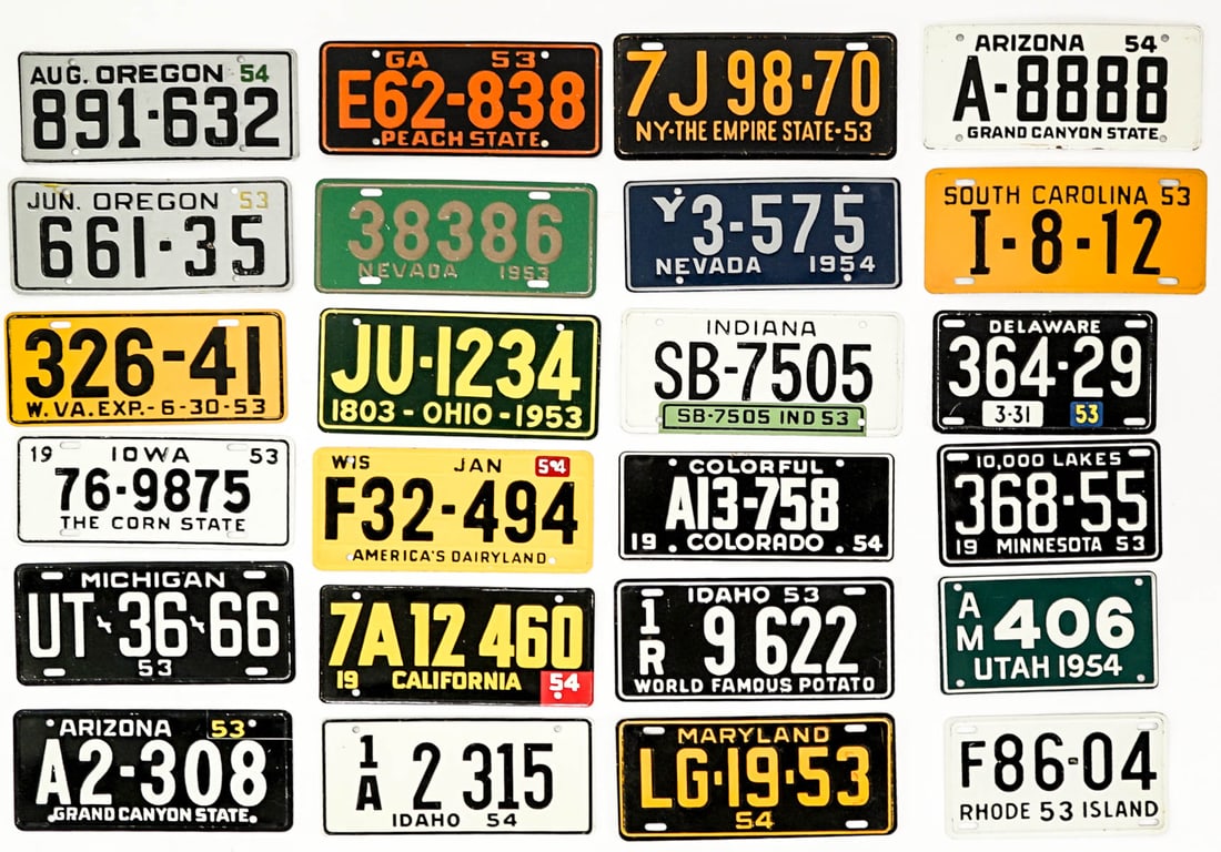 Mini-License (24) Plates [1953-1954]: Twenty-four (24) plates from various states. Measure 2.125 to 2.25 in. x 4 to 5 in. Lot measures 2.25 x 5 x 1 in. for shipping purposes. The absence of a condition report does not imply that the lot i