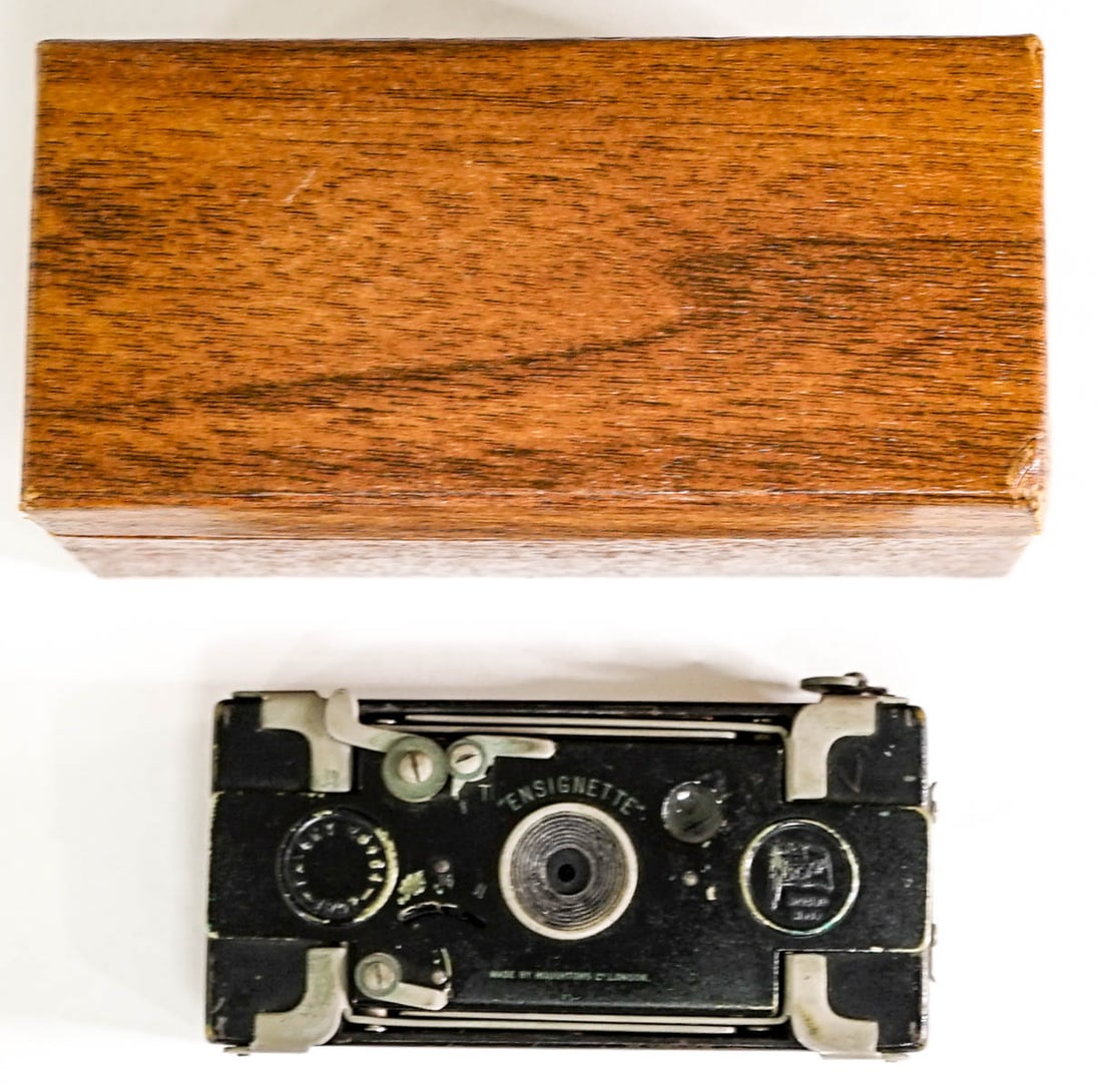 Houghton, London 'Ensignette' Vintage Camera: Camera measures approximately 4 x 2 x 1 in. Not tested. The absence of a condition report does not imply that the lot is in perfect condition or completely free from wear and tear, imperfections, or t