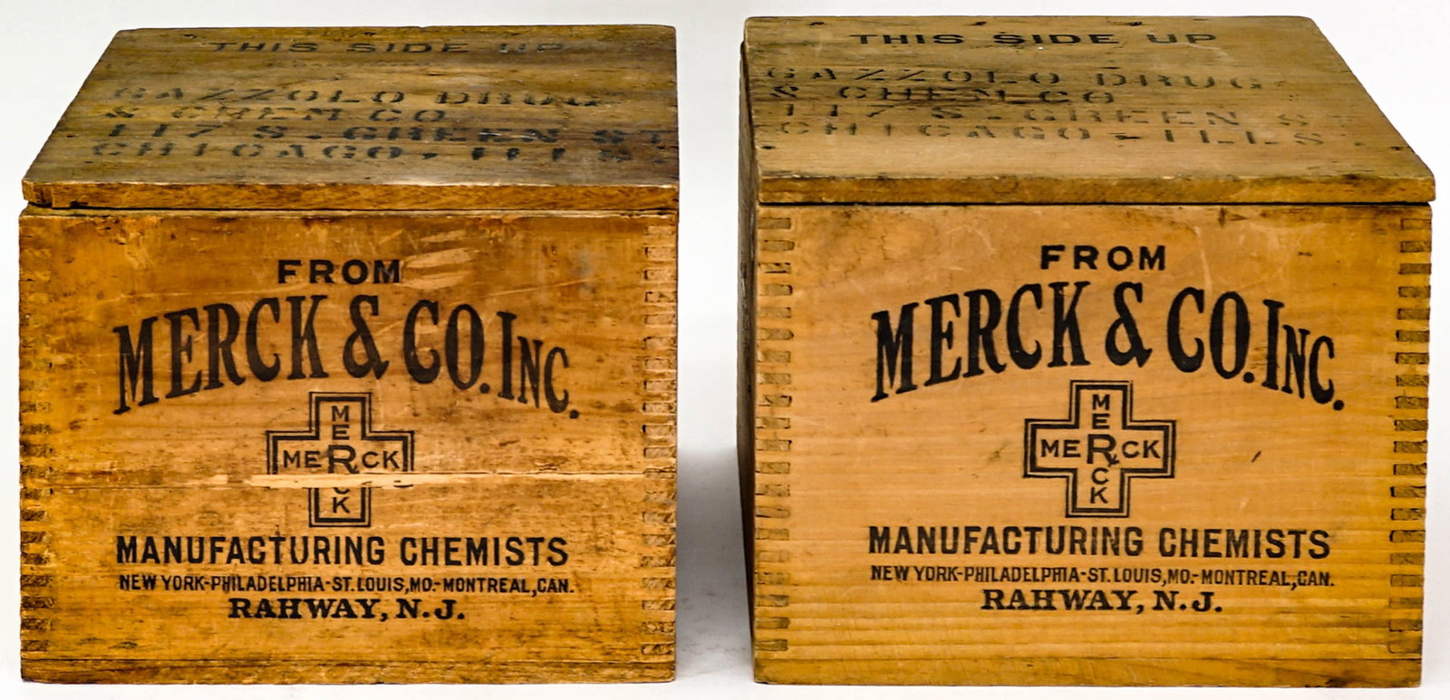 Merck & Co. Inc. (2) Wood Transport Boxes: Two (2) Merck and Co. Manufacturing Chemists wood transport boxes. Each measures 7 x 8.75 x 8.75 in. EACH measures 7 x 8.75 x 8.75 in. for shipping purposes. The absence of a condition report does not
