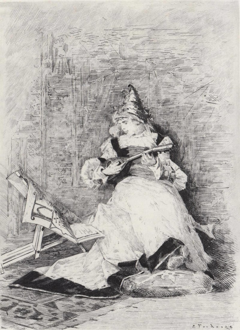 Edouard Toudouze Etching [Girl, Music]: Edouard Toudouze (France, 1888-1907) etching of girl playing a musical instrument plate signed. Image measures 10.125 in. x 7.625 in. Sheet measures 14.375 in. x 10.875 in. Unframed, loose and not glu