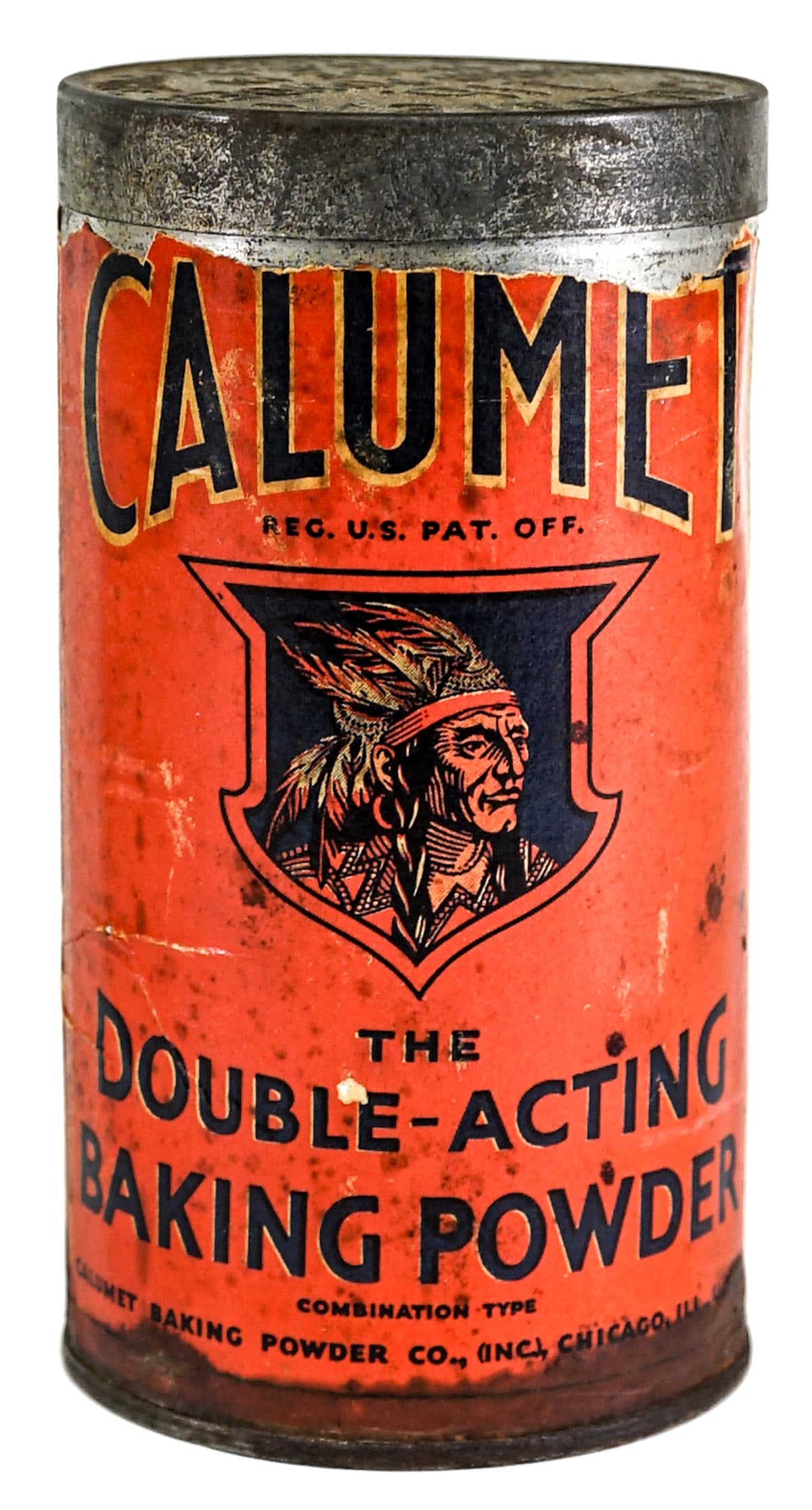 Antique Calumet Baking Soda Advertising Tin: Calumet advertising tin. Tin measures 5.5 in. H x 3 in. W x 3 in. D for shipping purposes only. The absence of a condition report does not imply that the lot is in perfect condition or completely free