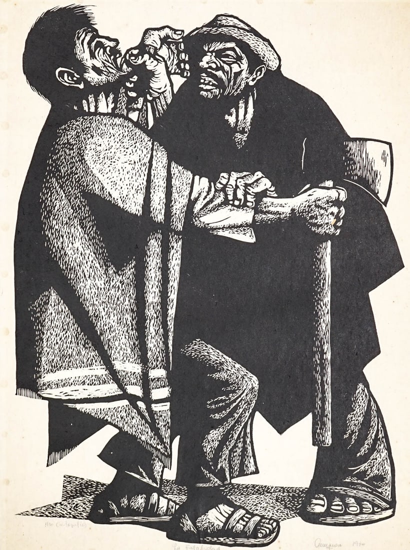 Large Hand Signed Woodcut [La Fatalidad]: Large Hand Signed Woodcut [La Fatalidad]. Measures 24.375 x 18.25 inches sheet size (620 x 465 mm) sheet size. Measures 25 x 19 x .125 inches for shipping purposes. Unframed, spot-glued at edges only 