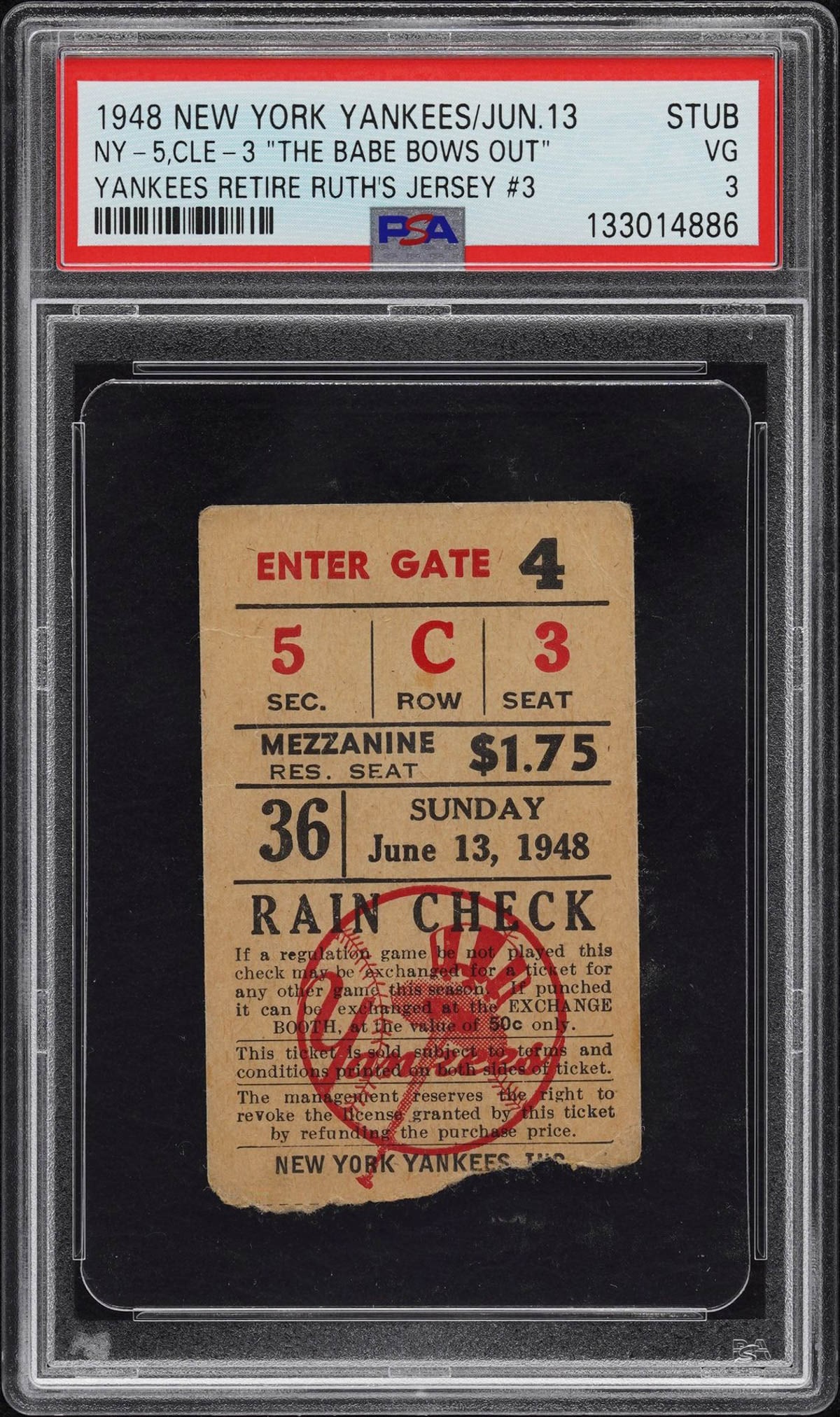 THE BABE BOWS OUT June 13, 1948 Ticket Stub. (1 of 4)