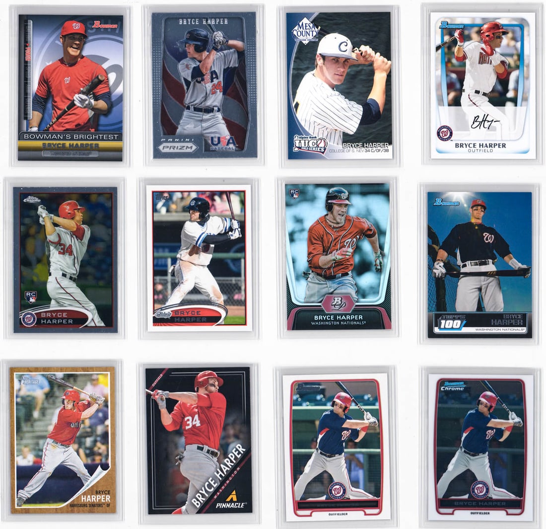 Bryce Harper Rookie Cards & Pre-MLB Cards (12): [Decades-long estate collection] Bryce Harper Rookie Cards & Pre-MLB Cards (12). Most (or all) of the cards appear pack fresh or in high grades. However, cards are not guaranteed to receive any specif