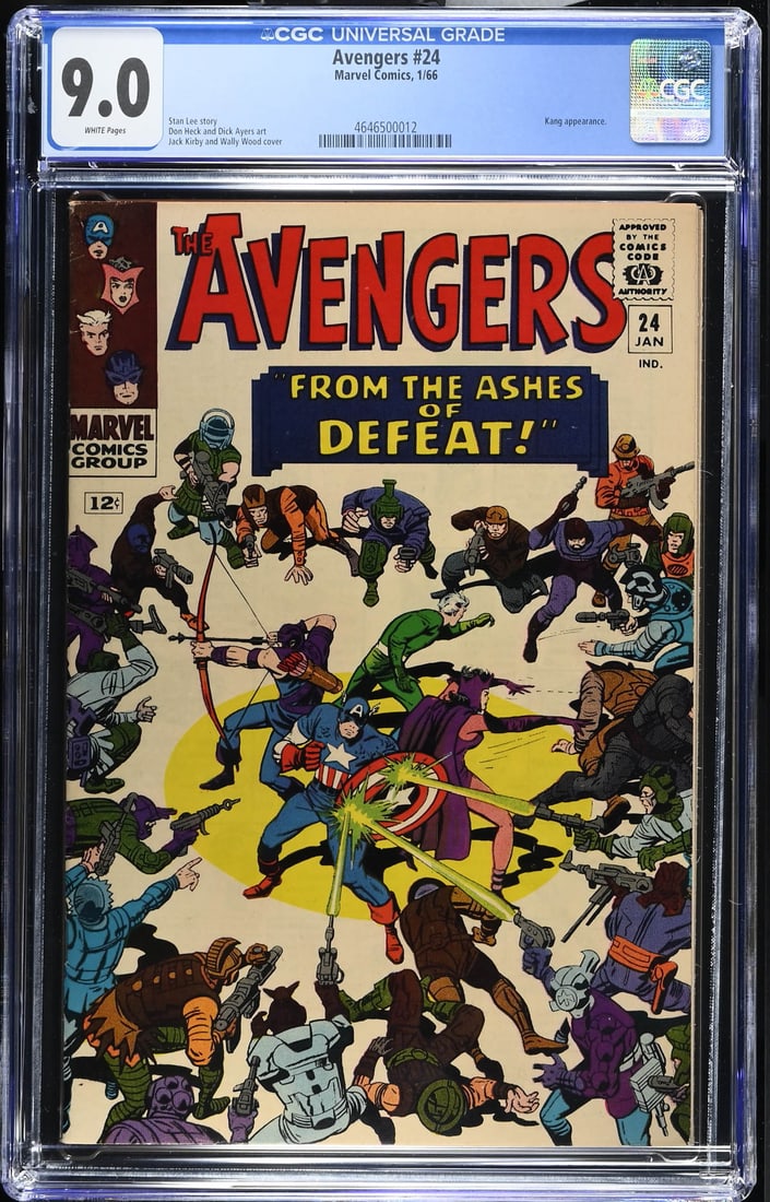Avengers #24 1/66 CGC 9.0: Avengers #24 1/66 CGC 9.0. White Pages. Kang appearance. Stan Lee story Don Heck and Dick Ayers art Jack Kirby and Dick Ayers cover. The absence of a condition report does not imply that the lot is in