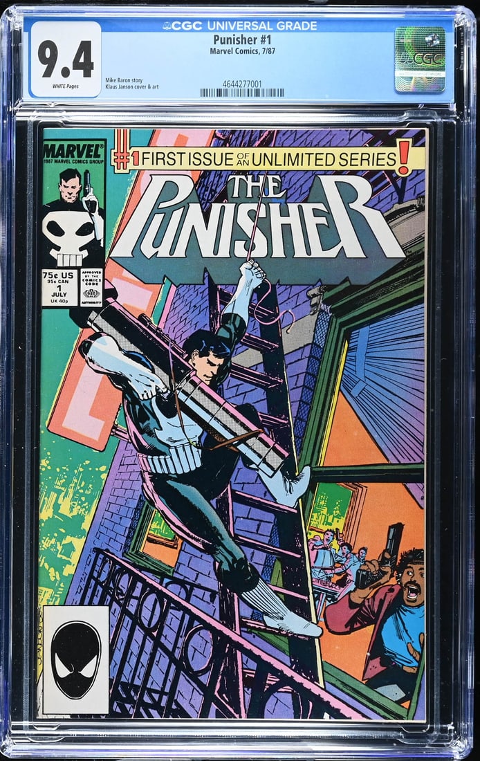 Punisher #1 7/87 CGC 9.4: Punisher #1 7/87 CGC 9.4. White Pages. Mike Baron story Klaus Janson cover & art. The absence of a condition report does not imply that the lot is in perfect condition or completely free from wear and
