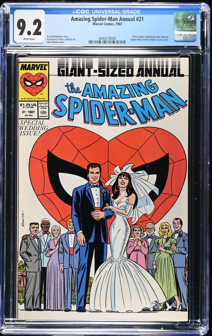 Amazing Spider-Man Annual #21 1987 CGC 9.2 WHITE: Amazing Spider-Man Annual #21 1987 CGC 9.2. WHITE PAGES. Peter Parker weds Mary Jane Watson. Spider-Man & Peter Parker covers exist. David Michelinie story Paul Ryan & Vince Colletta art John Romita c