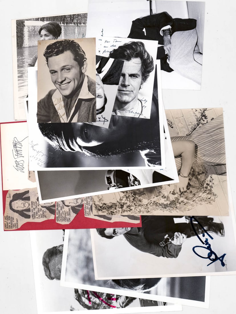 Celebrity (12) Photos [Many Signed]: Twelve (12) photos / poster measure up to 8.25 x 10 in. Include: Kirk Douglas; Sydney Poitier; Van Johnson; Jules Fieffer; Gilbert Roland and others. Lot measures 8.5 x 11 x .25 in. for shipping purpo