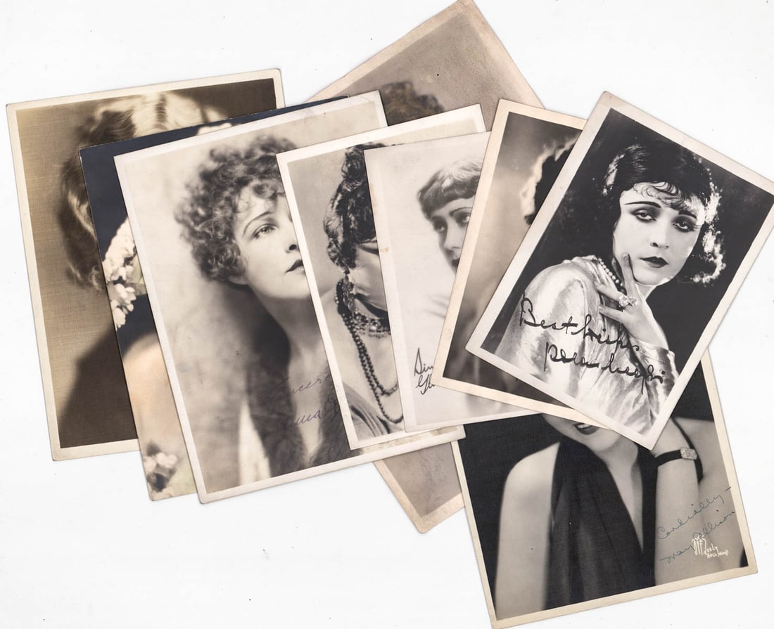 Actresses (Silent Movies) Publicity (9) Photos: Silent movies (9) antique actress photos with printed or stamped signatures - not hand signed. Lot measures 11 x 8.5 x .25 in. for shipping purposes. The absence of a condition report does not imply t