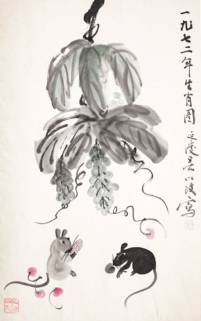 I-chen Wu Chinese Ink and Color Original: I-chen Wu Chinese Ink and Color Original [Mice and Grapes]. Unframed, glued to mat board along top edge, all four corners center sides. Not Fully mounted. Measures 27.5 x 17.25 inches (70 cm x 44 cm).