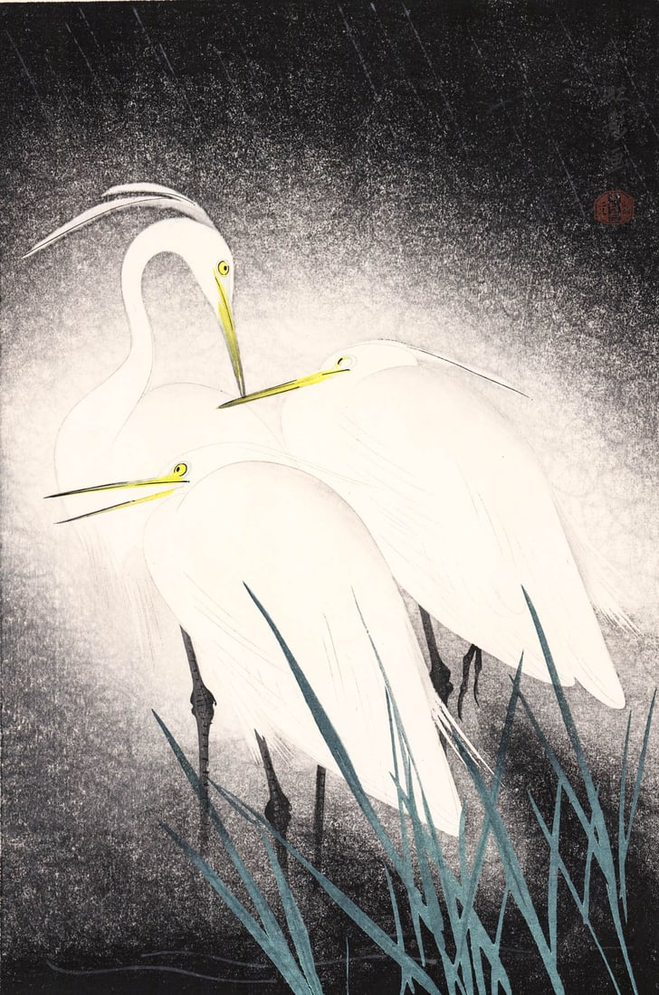 Koei Hashimoto Woodblock Print [Snowy Herons] (1 of 4)