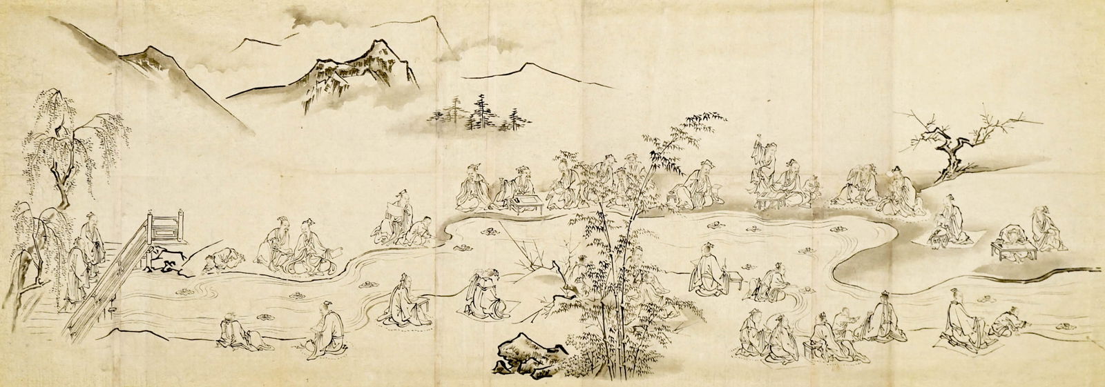 An Antique Asian Original Painting: An Antique Asian Original Painting. Measures 15.75 x 41.75 inches sheet size. Unframed, glued along the edges to mat board, not fully mounted. The absence of a condition report does not imply that the