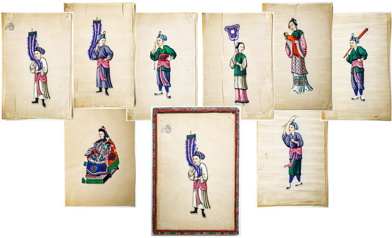 A Group of Chinese Pith Gouache Paintings: Set of (8) signed and titled. Painted on silk and mounted to thin brown paper. Mixed condition. They measure approximately 11 x 7 inches sheet size. All are unframed and in custom glass top box. The a