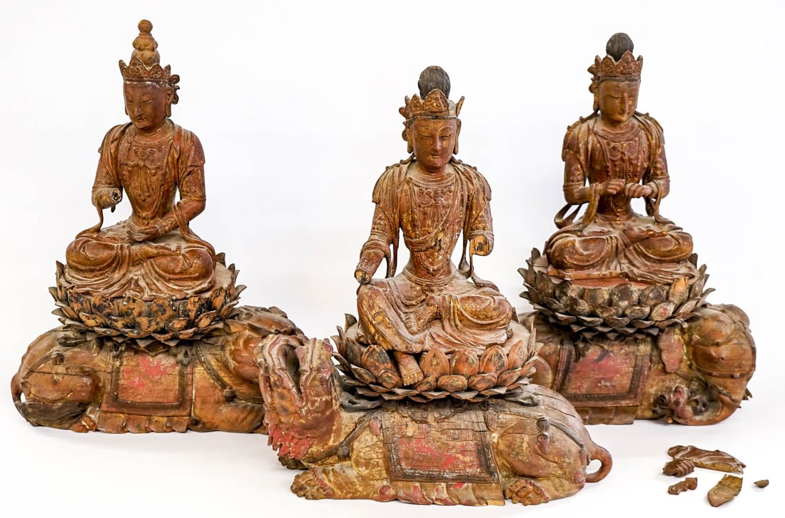 Three Antique Guanyin Figures Carved Wood [Early]: [China, Chinese] Three Antique Guan Yin Figures Carved Wood (Early). All three are just recently discovered in a Spokane, Washington estate. They are in two parts with the carved wood figures sitting