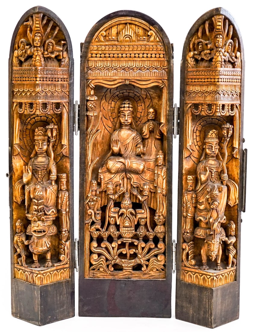 Asian Triptych Carved Wood Portable Shrine (1 of 7)