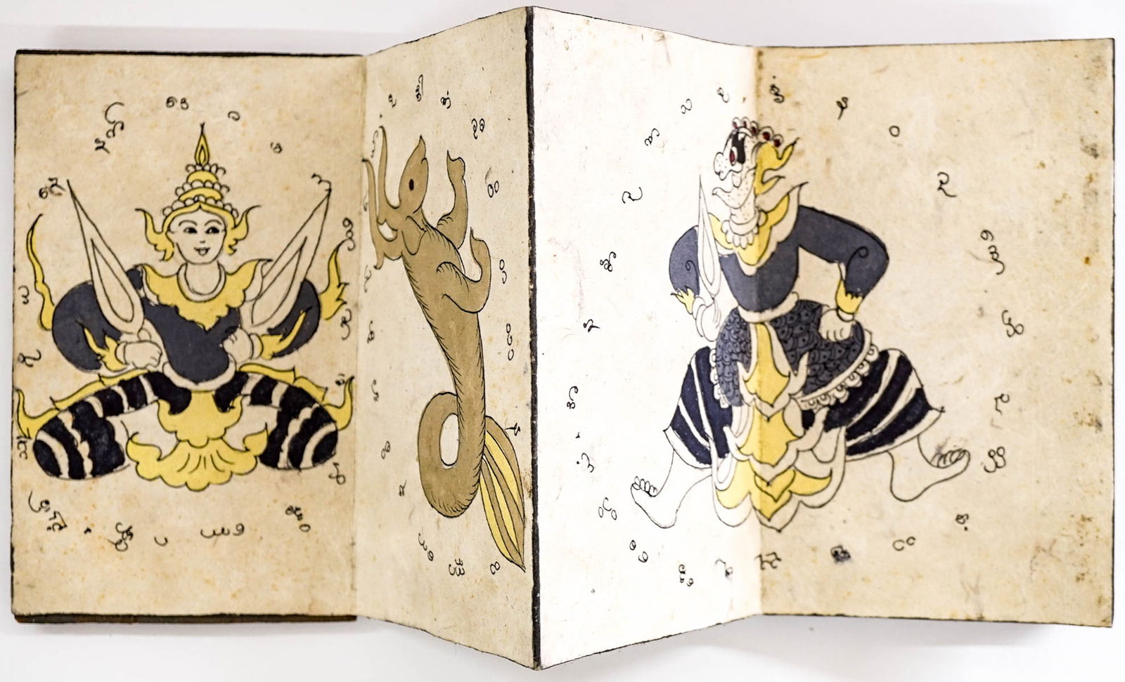[Thailand, Southeast Asian] Hand Drawn Story Book: [Thailand, Southeast Asian] RARE Hand Drawn Story Telling Book. All images appear to be hand drawn, in wooden hand carved covers. Opens accordion style. Measures 6.25 x 4 x 1.25 inches. Contains 14 pa