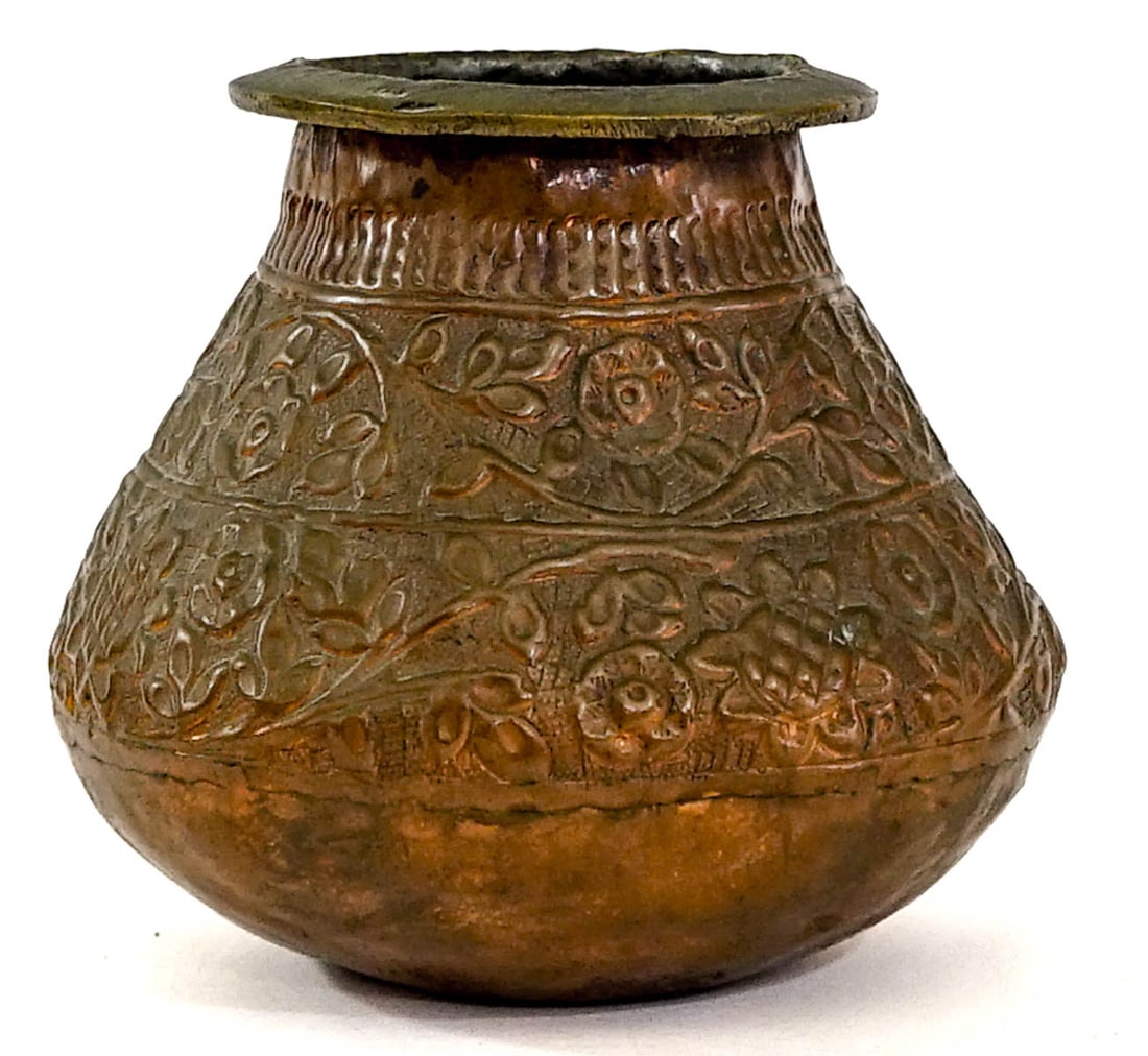 Middle Eastern Antique 6IN Copper Vase [Floral]: Measures 6 in. tall x 6 in. diameter. Lot measures 6 x 6 x 6 in. for shipping purposes. The absence of a condition report does not imply that the lot is in perfect condition or completely free from we