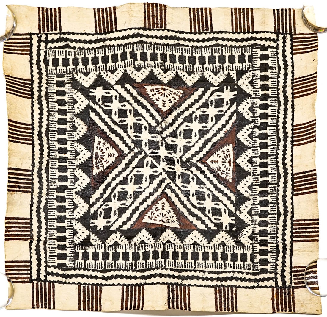 Tapa Bark Cloth 24x24 [Figi]: Tapa Bark Cloth with black and brown geometric pattern 'Made in Figi' measures approximately 24 x 24 in. Lot measures 25 x 25 in. for shipping purposes. The absence of a condition report does not impl