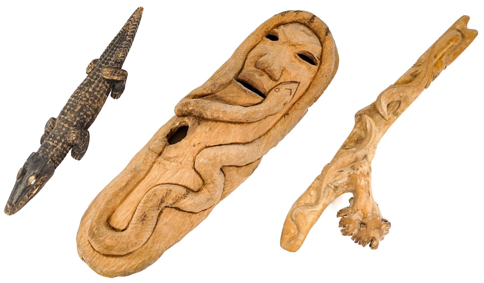 Carved Wood (3) Items [Reptile]: Measure 17 to 24 in. long / tall. Lot measures 24 x 15 x 4 in. for shipping purposes. The absence of a condition report does not imply that the lot is in perfect condition or completely free from wear