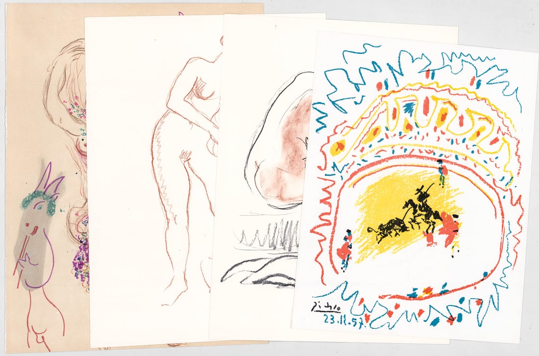 Various Artists (4) Lithographs [Yves Brayer]: Four (4) lithographs by Yves Brayer; Marc Chagall and other. Sheets measure 13.25 to 13.75 x 9.5 to 10.25 in. Print lot measures 13.25 x 10.25 x .125 in. for shipping purposes. Unframed, loose, not mo