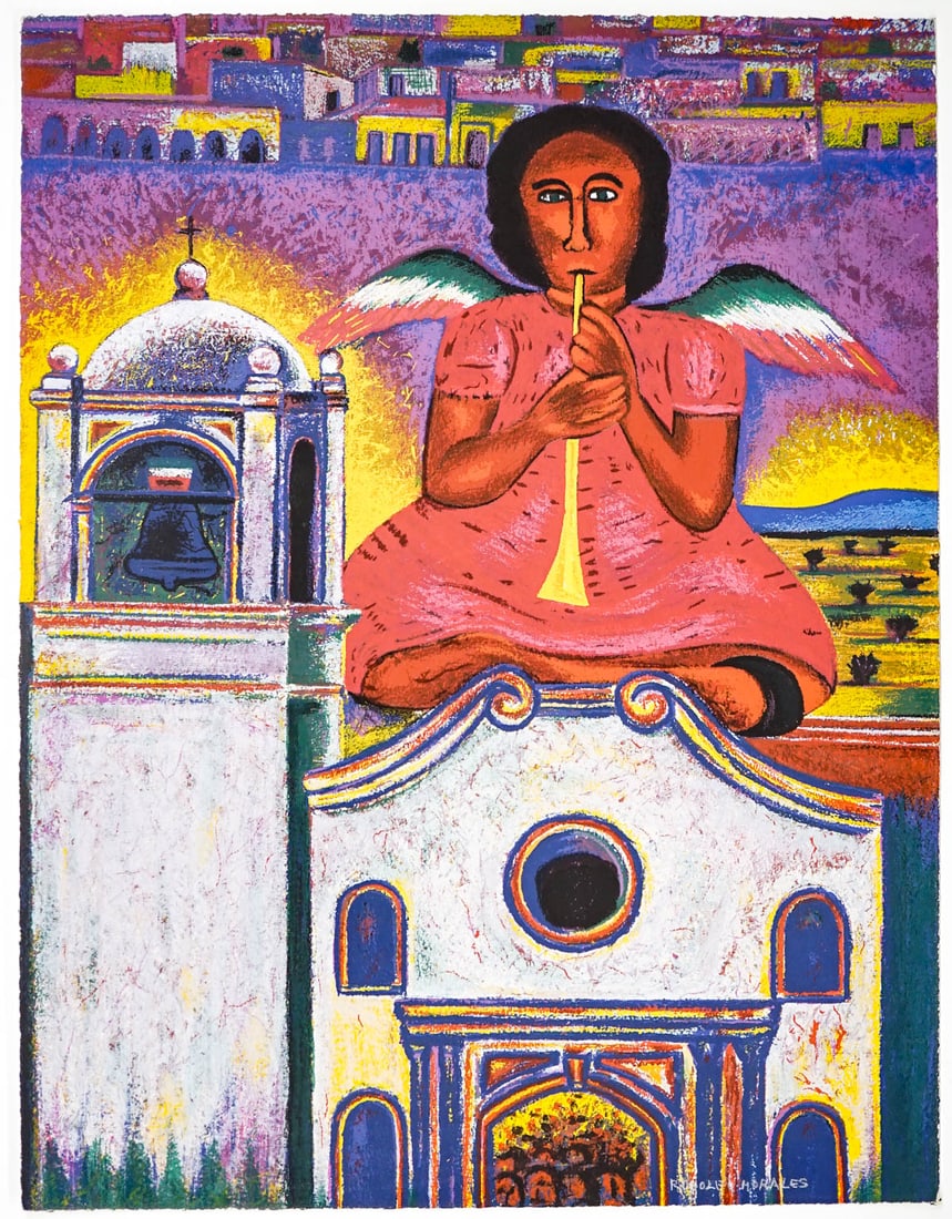 Rodolfo Morales Screenprint in Colors [Angela]: Rodolfo Morales Screenprint in Colors [Angela]. Hand signed and numbered to lower edge '44/100, Rodolfo Morales?. Measures 26 x 19.75 inches sheet size. EX+/NM condition. Unframed, loose and not glued