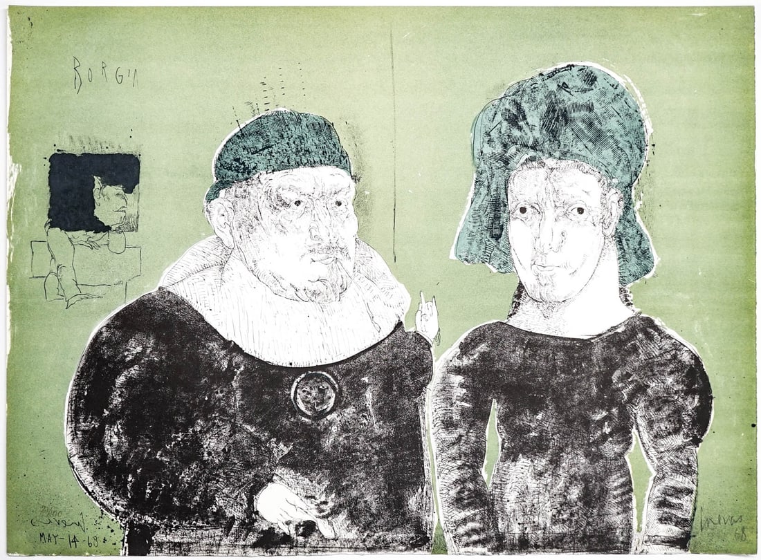 Jose Luis Cuevas SIGNED Lithograph [Borgia]: Jose Luis Cuevas (New York, Mexico 1934-2017) lithograph pencil signed and dated '68 lower right. Sheet measures 22 x 30 in. Print measures 22 x 30 in. for shipping purposes. Unframed, loose, not moun