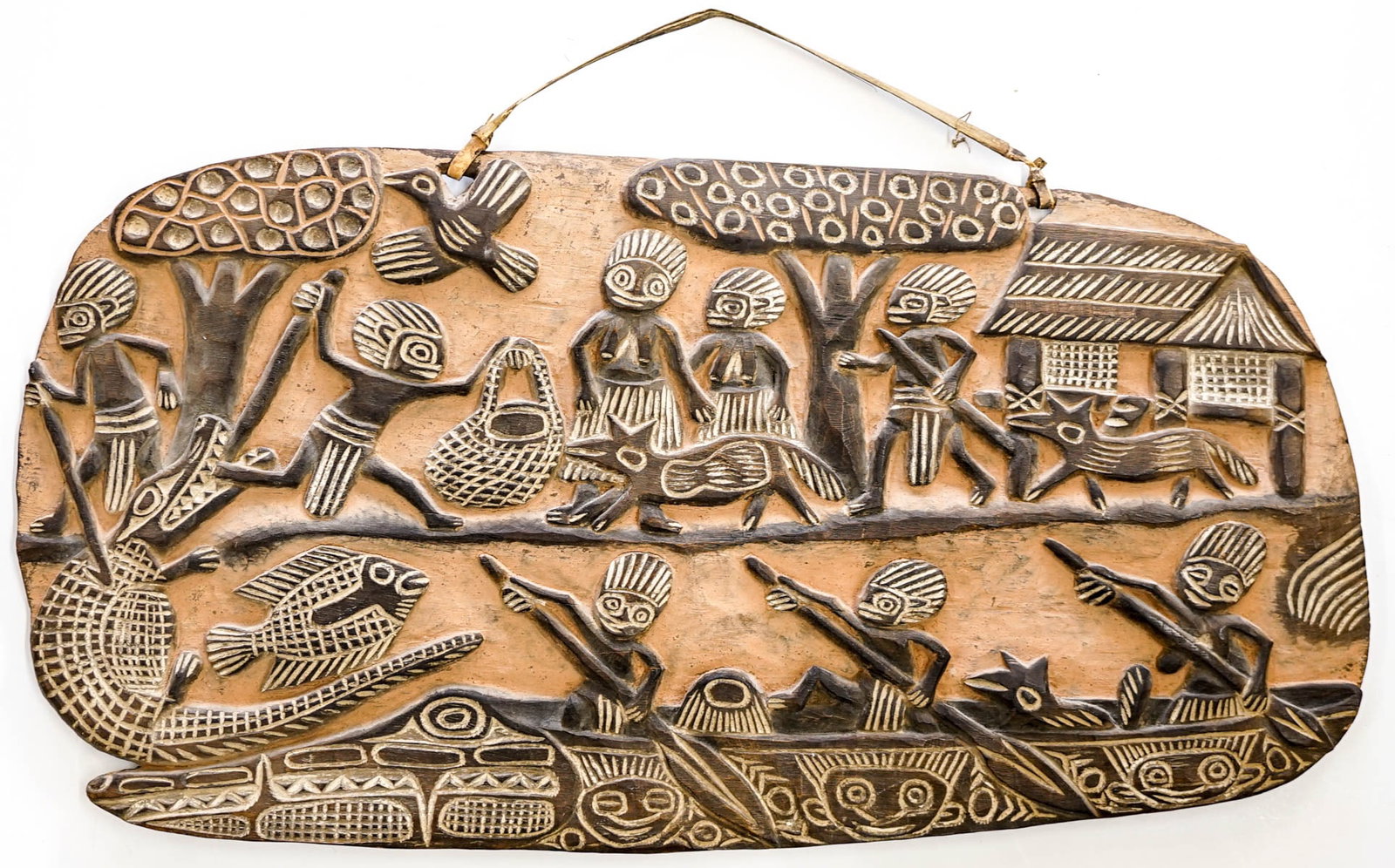 Papua New Guinea Signed Storyboard Carving: Measures 13 x 25.25 x .5 inches. Very good condition. The absence of a condition report does not imply that the lot is in perfect condition or completely free from wear and tear, imperfections, or the