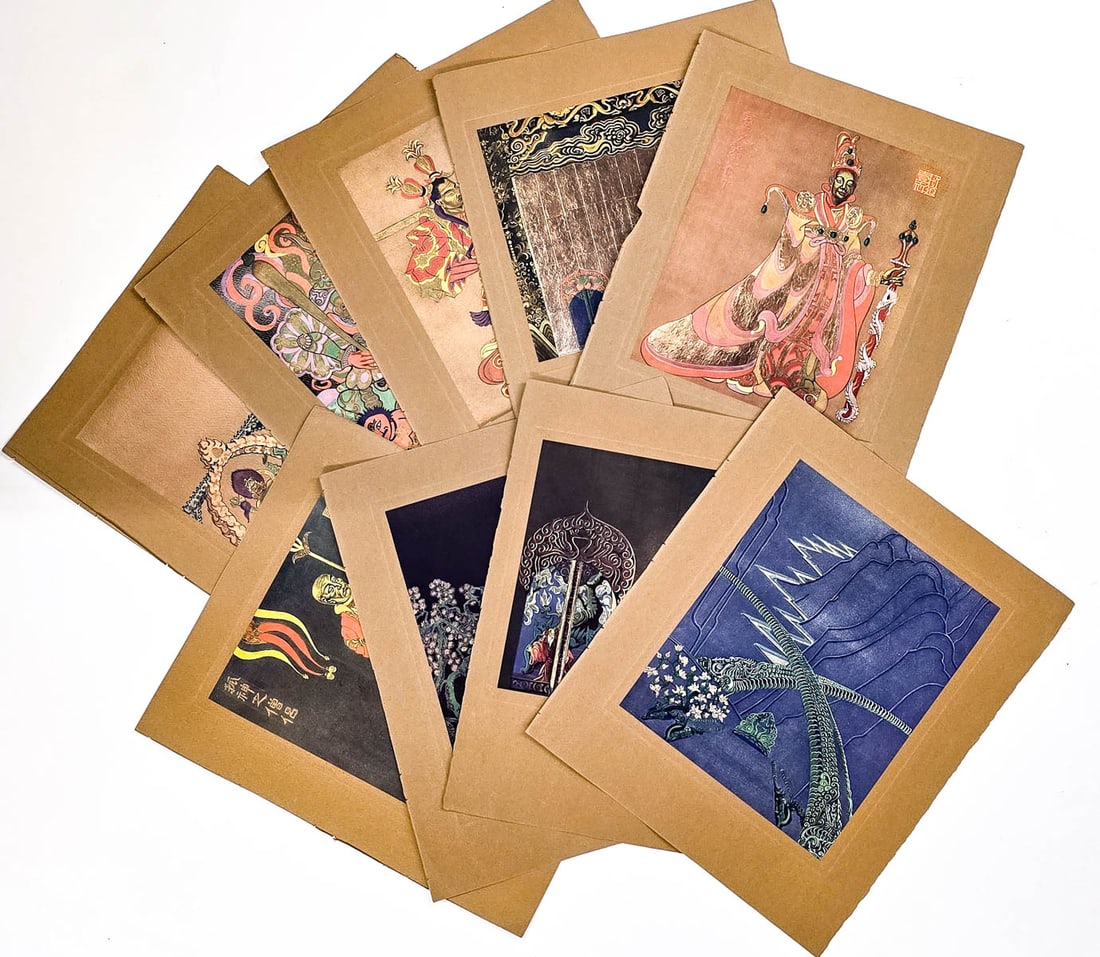 Chinese (9) Colorful Lithographs: Nine (9) lithographs adhered to mat paper that measures 14.625 to 15.25 in. x 12.5 to 13 in. Note mat paper is chipped and brittle. Lot measures 15.5 x 13.125 in. for shipping purposes. The absence of