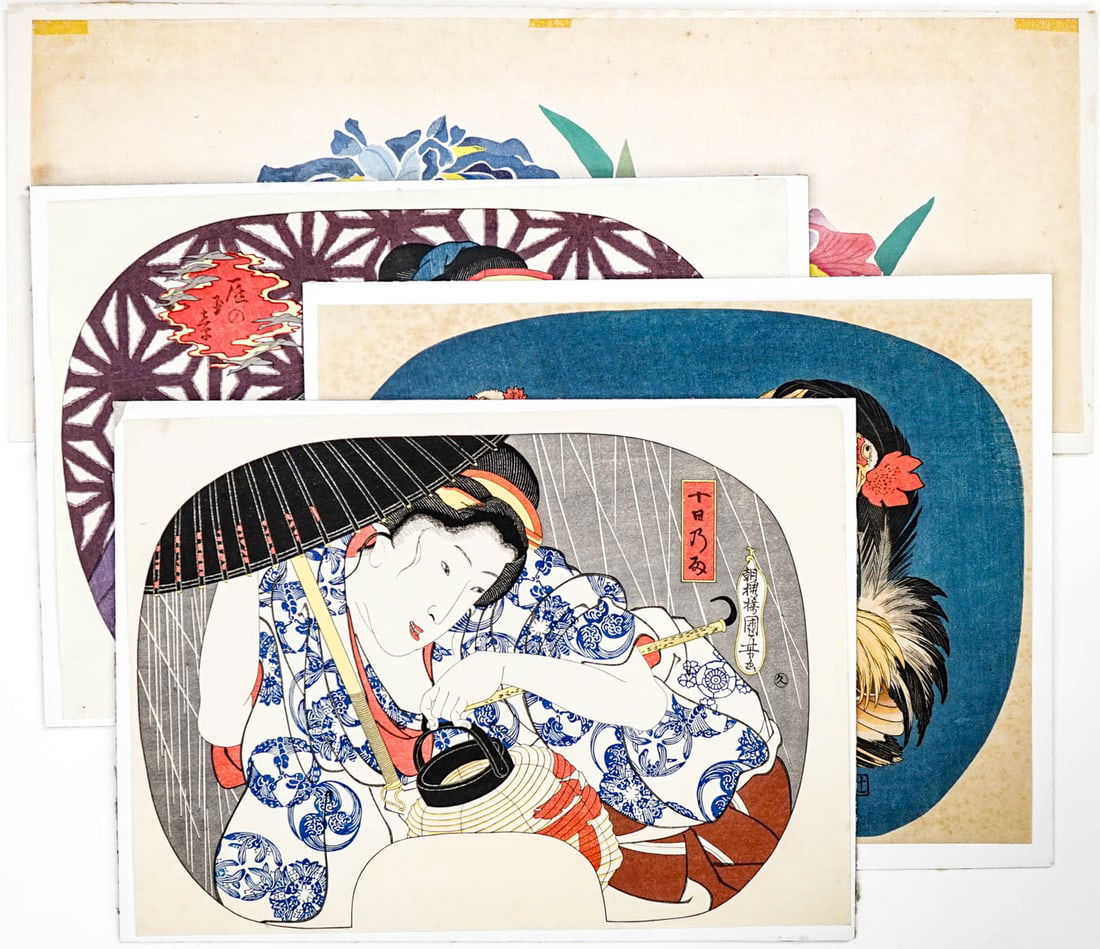 Four Japanese Woodblock Prints: Includes Heihachiro Fukuda color woodblock, and three others. All are unframed, three are glued along the top edges only. One is glued at all corners as well as top and bottom center. None are fully m