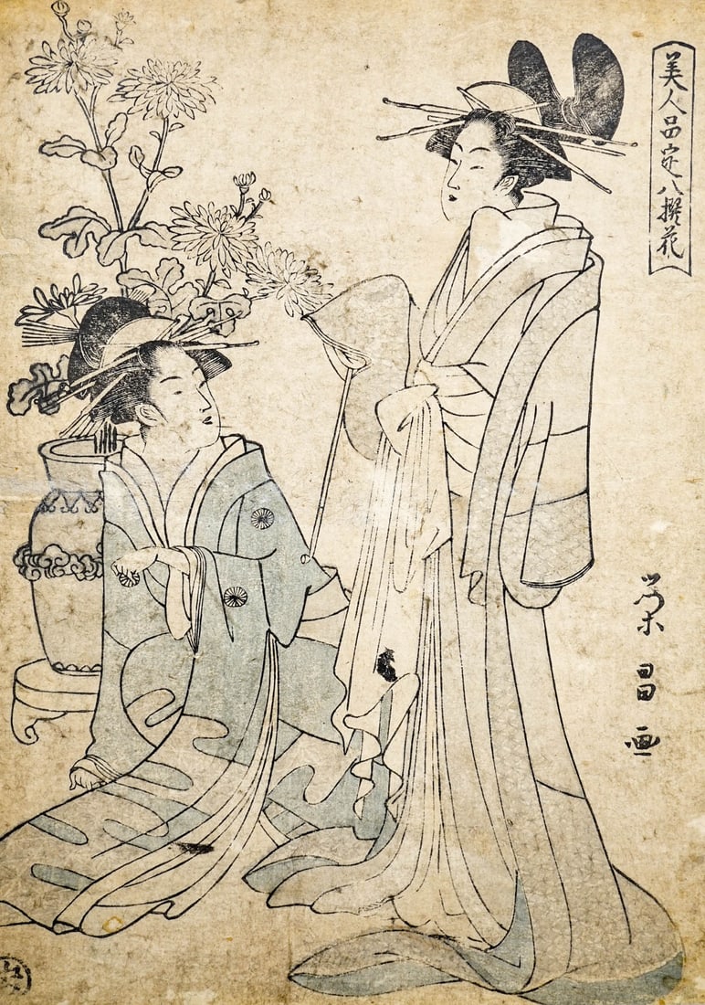 Chokosai Eisho (Japanese, Active 1790s): Chokosai Eisho (Japanese, Active 1790s) Woodblock Print. Unframed, glued along top edge only .125-.25 inches width of glued strip. Measures 9 x 6.625 inches (229 mm x 167 mm). The absence of a conditi