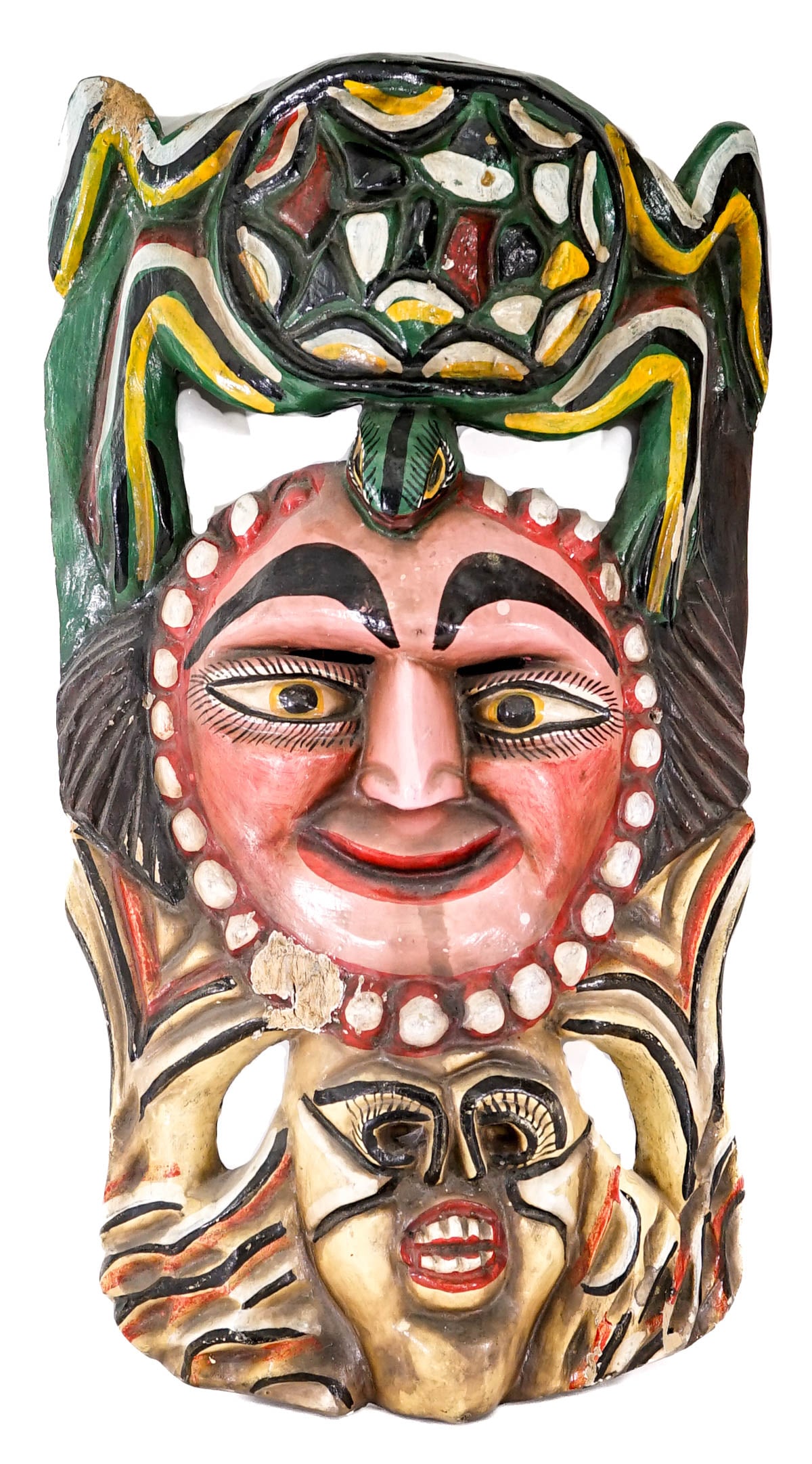 Large 21IN Carved Wood Hand-Painted Mask: Chipped with paint wear. Measures 21 x 11.5 x 4.5 in. Lot measures 21 x 11.5 x 4.5 in. for shipping purposes. The absence of a condition report does not imply that the lot is in perfect condition or c