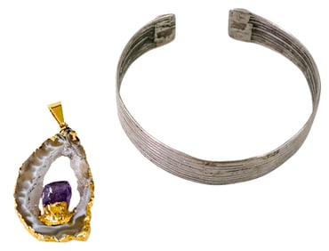 Amethyst Pendant & Silver-Tone Cuff Bracelet