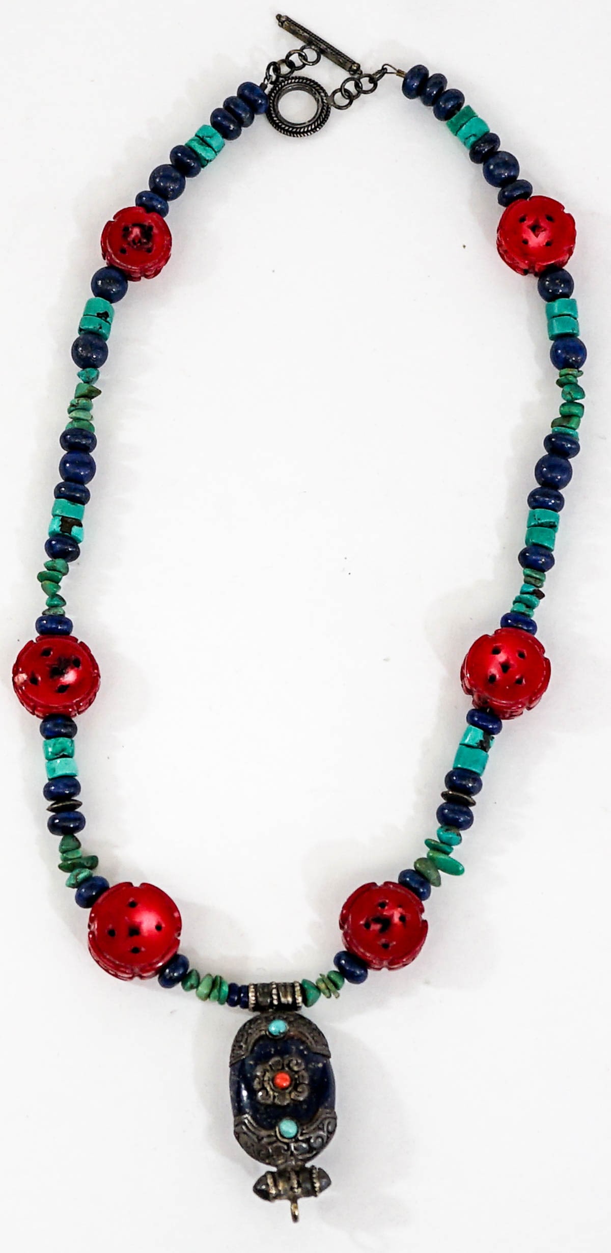 Tibetan Lapis & Silver Pendant w/ Beaded Necklace (1 of 3)