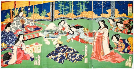 Antique Japanese Original Woodblock Tryptich