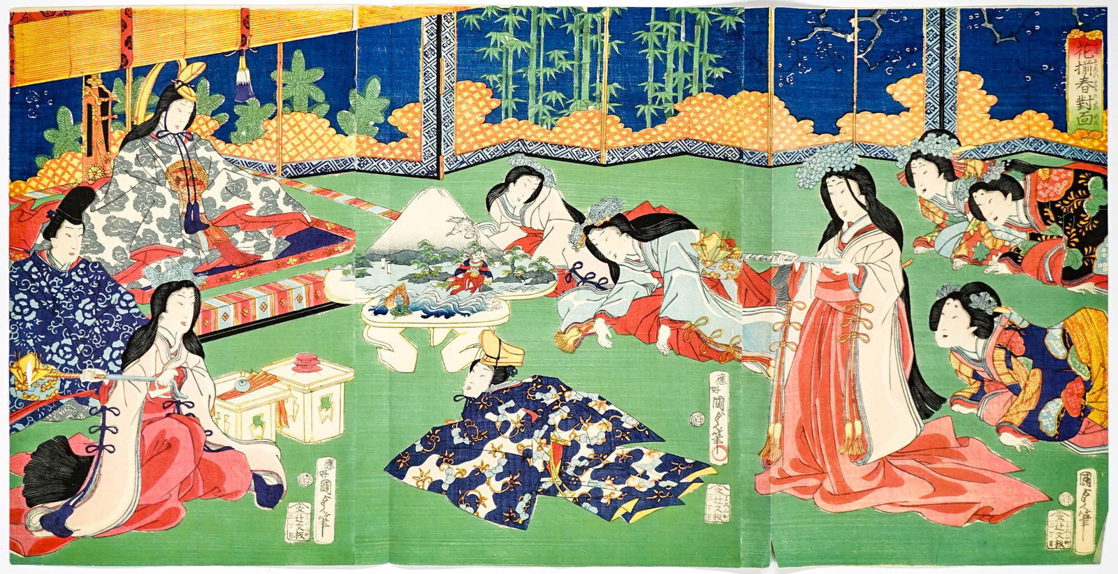 Antique Japanese Original Woodblock Tryptich: Antique Japanese Original Woodblock Prints, tryptich still connected. Each section measures 14.125 x 9.25 inches (558 mm x 236 mm). Excellent condition, appearing to have never been framed or displaye