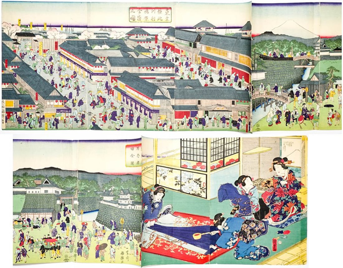 Antique Japanese Original Woodblock Prints (8): Antique Japanese Original Woodblock Prints (8) still connected. Each section measures 14.125 x 9.25 inches (558 mm x 236 mm). Most excellent condition, appearing to have never been framed or displayed