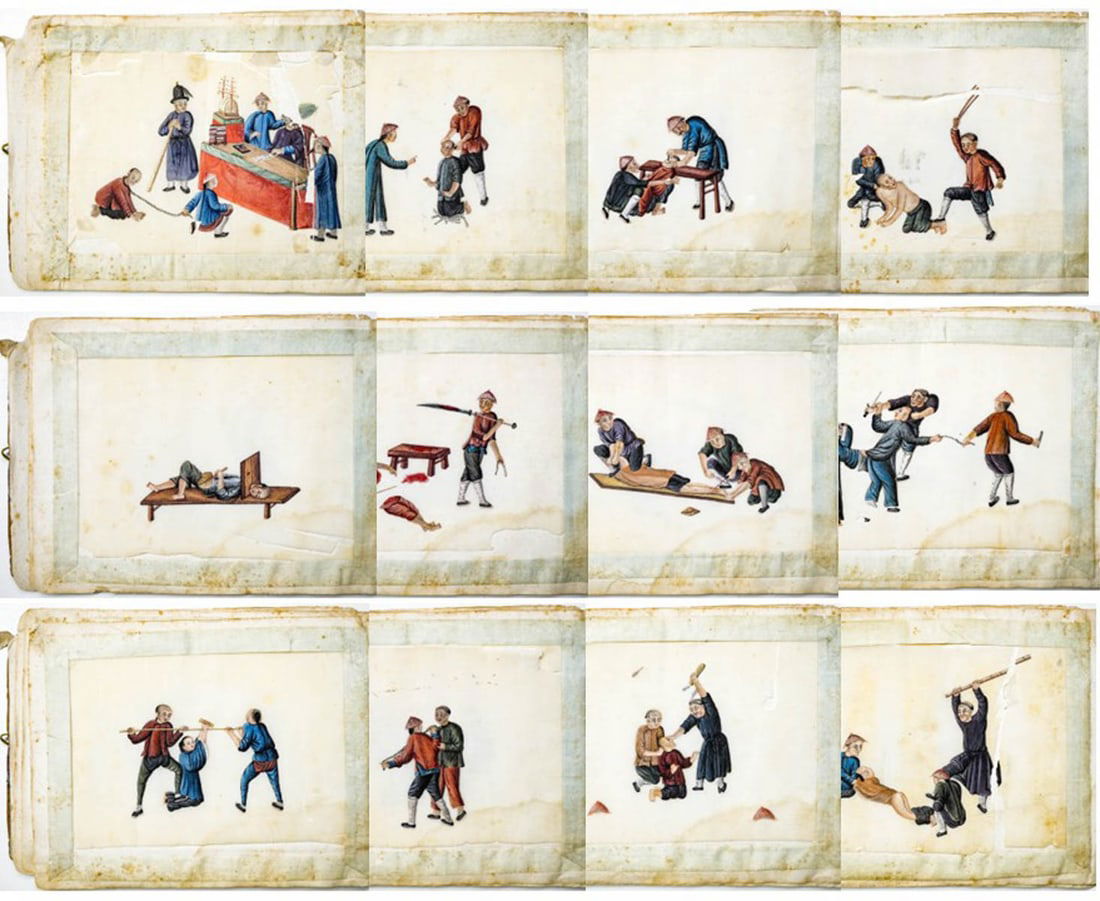(10) Antique Chinese Pith Paintings Torture Scenes: (10) Antique Chinese Pith Paintings Torture Scenes. The pages of album measure 7 x 9.5 inches. As-is condition, loose pages, disbound front cover, lacking back cover.. The absence of a condition repor
