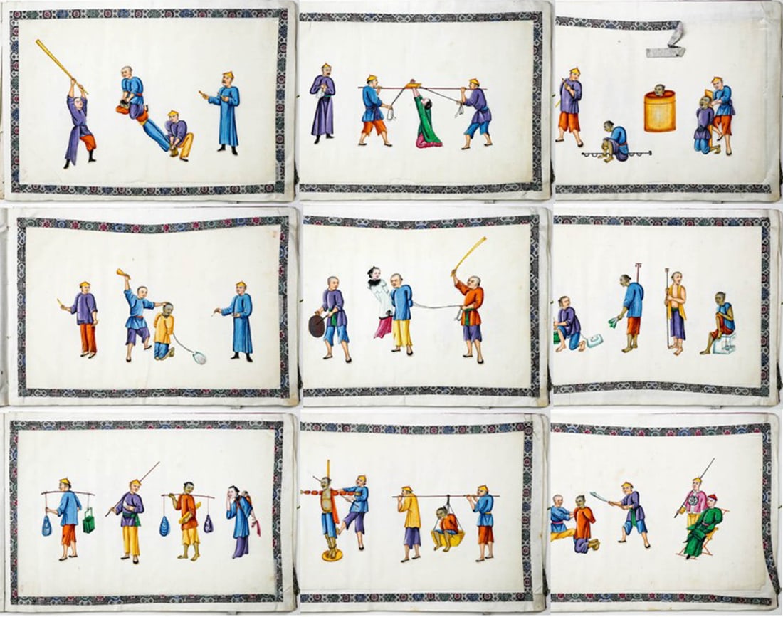 (9) Antique Chinese Pith Paintings Torture Scenes: (9) Antique Chinese Pith Paintings. The pages of album measure 9.75 x 14 inches. Mixed condition. The absence of a condition report does not imply that the lot is in perfect condition or completely fr